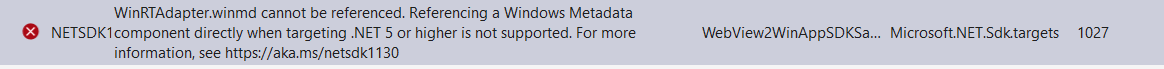 Mensaje de advertencia: No se puede hacer referencia a WinRTAdapter.winmd