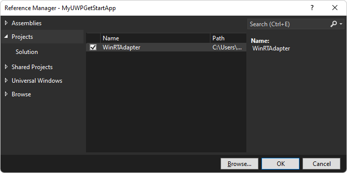 Casilla WinRTAdapter en el cuadro de diálogo Administrador de referencias del proyecto principal
