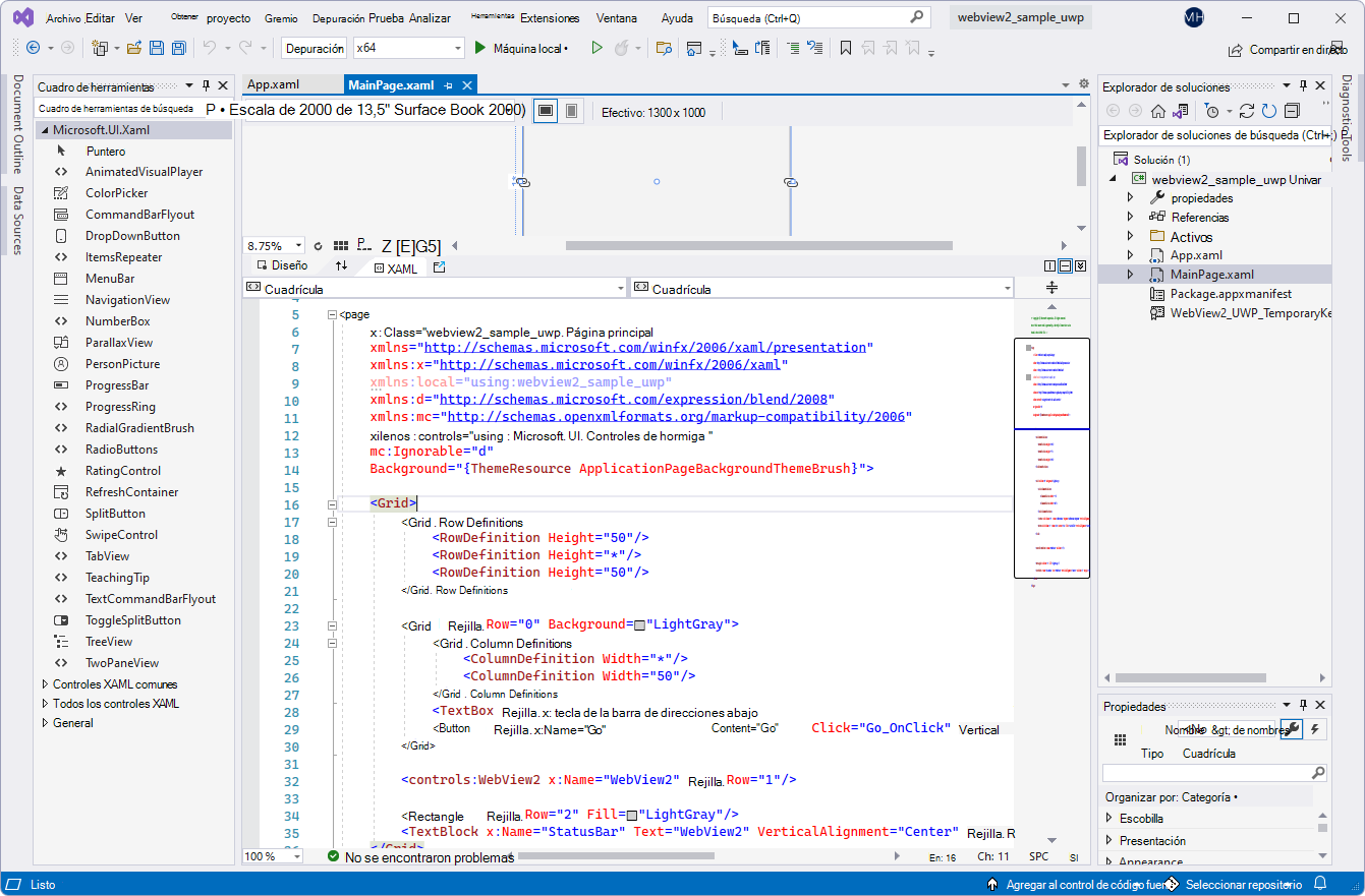 MainPage.xaml en Visual Studio