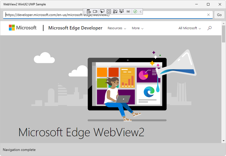 El proyecto de webview2_sample_uwp en ejecución, que muestra el contenido de la página web
