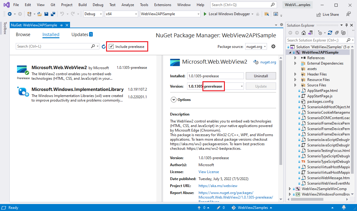 Administrador de paquetes NuGet con la versión preliminar del SDK de WebView2 seleccionada