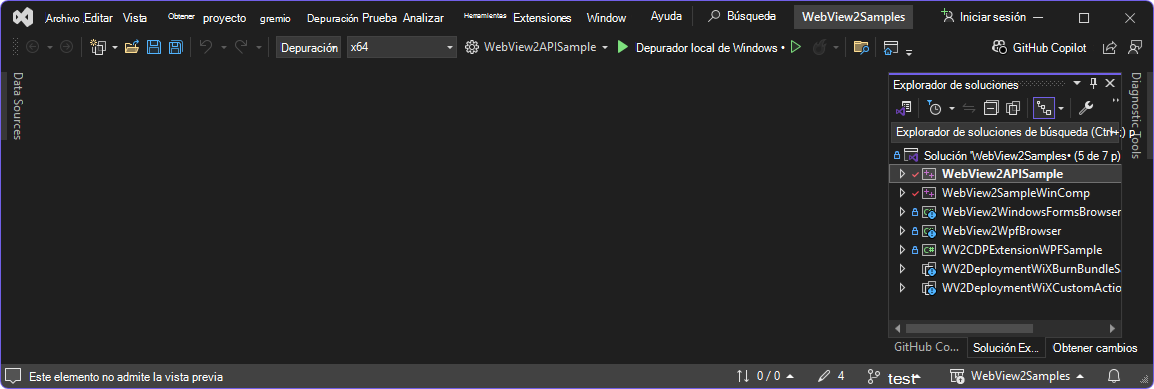 El proyecto WebView2APISample seleccionado en Explorador de soluciones