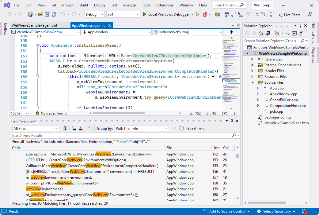 Proyecto WebView2SampleWinComp en Visual Studio