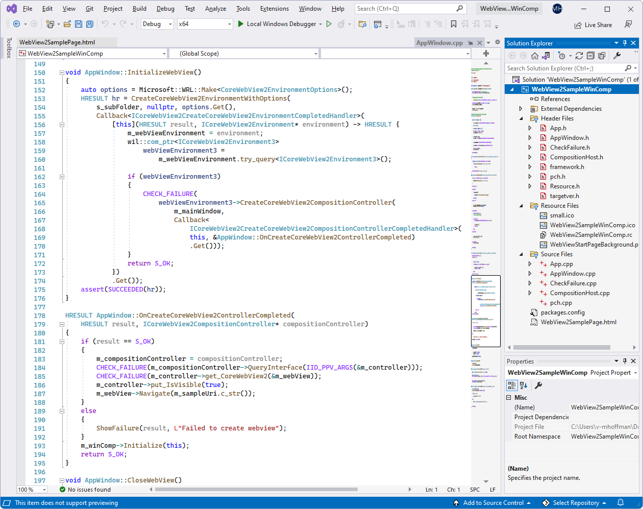 El proyecto WebView2SampleWinComp en Visual Studio