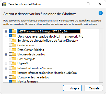 Activar o desactivar > las características de Windows en .NET Framework 3.5