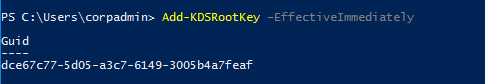 Captura de pantalla del comando de PowerShell Add-KDSRootKey ejecutar