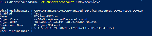 captura de pantalla del comando Get-ADServiceAccount de PowerShell que se está ejecutando