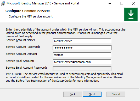 Configuración de la imagen de la cuenta de servicio de MIM: opción A