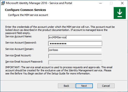 Configuración de la imagen de la cuenta de servicio de MIM: opción E