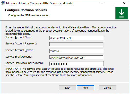 Configuración de la imagen de la cuenta de servicio de MIM: opción F