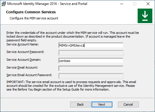 Configuración de la imagen de la cuenta de servicio de MIM: opción I