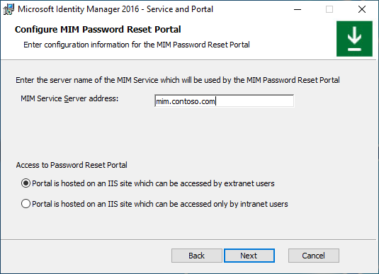 Imagen de pantalla de configuración del servicio del portal de restablecimiento de contraseña