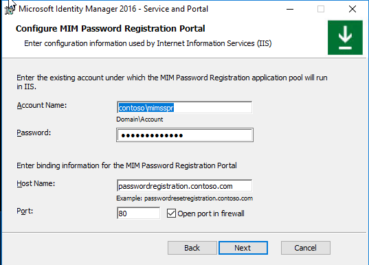 Escriba la información de configuración usada por la imagen del sitio web de registro de contraseñas.