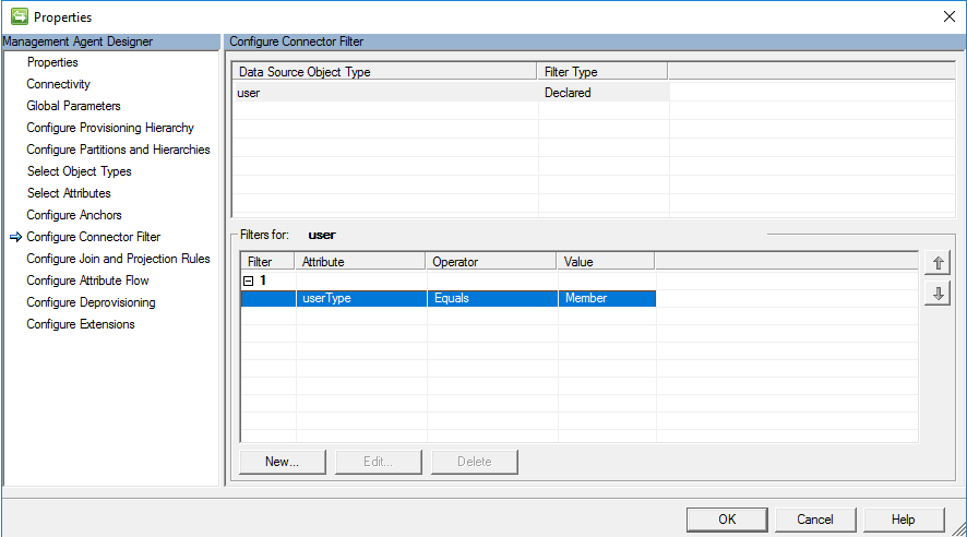 Captura de pantalla que muestra la página Configurar filtro de conector con filtros para el usuario seleccionado y un botón O K.