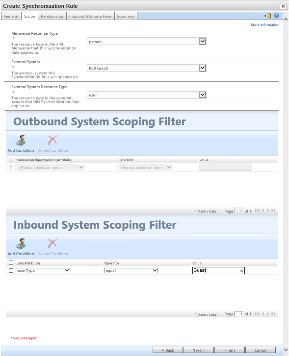 Captura de pantalla que muestra la pestaña Ámbito con tipo de recurso de metaverso, sistema externo, tipo de recurso del sistema externo y filtros.