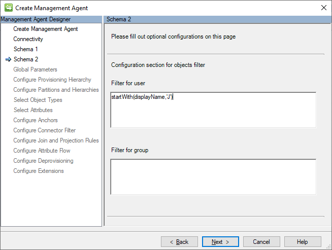 Página dos de configuración del conector: imagen con un filtro de ejemplo startsWith(displayName,'J')