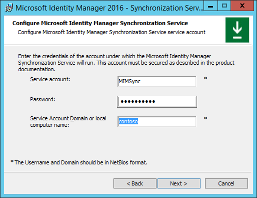 Imagen de configuración de la cuenta del servicio de sincronización de MIM