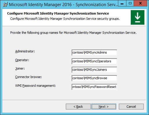 Imagen de configuración de los grupos de seguridad del servicio de sincronización de MIM