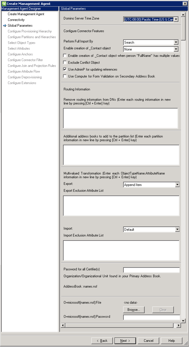 Captura de pantalla de la página Parámetros globales del conector de notas de sincronización de MIM