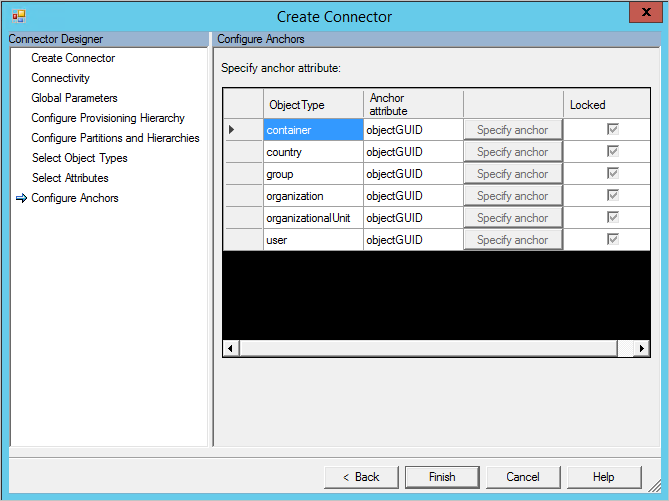 Página de anclajes de configuración del conector de sincronización de MIM