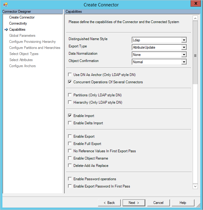 Pestaña Funcionalidades de configuración del conector de sincronización de MIM