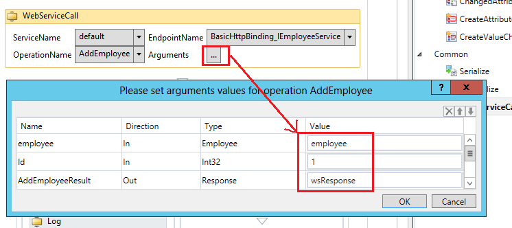 Captura de pantalla que muestra la actividad de llamada del servicio web y la configuración de los valores.