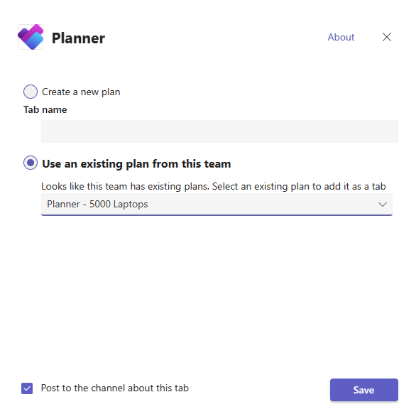 Captura de pantalla que muestra un plan existente seleccionado para la configuración de la pestaña Planner.