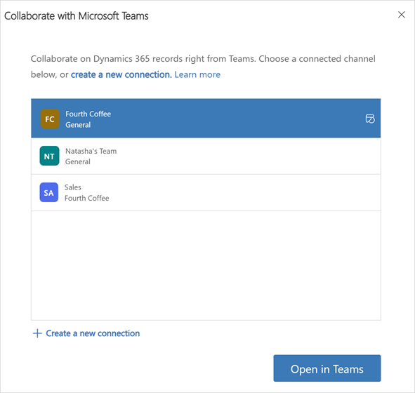 Captura de pantalla de equipos vinculados en Dynamics 365 Sales