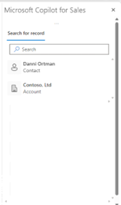 Captura de pantalla que muestra el panel de búsqueda en la aplicación Copilot para ventas en Outlook clásico.