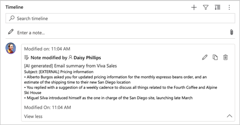 Captura de pantalla de una nota agregada a una línea de tiempo en el Centro de ventas de Dynamics 365.