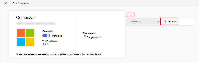 Captura de pantalla que muestra la opción en el centro de administración para eliminar o quitar una aplicación personalizada.