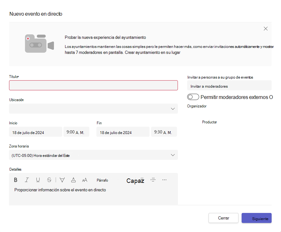 Captura de pantalla que muestra la pantalla del evento en directo para crear y programar un nuevo evento en directo.