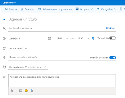 Captura de pantalla del complemento reunión de Teams en Outlook Web App.