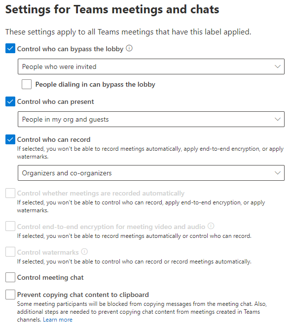 Captura de pantalla de la configuración de la etiqueta de confidencialidad de la reunión que muestra la configuración en este procedimiento.