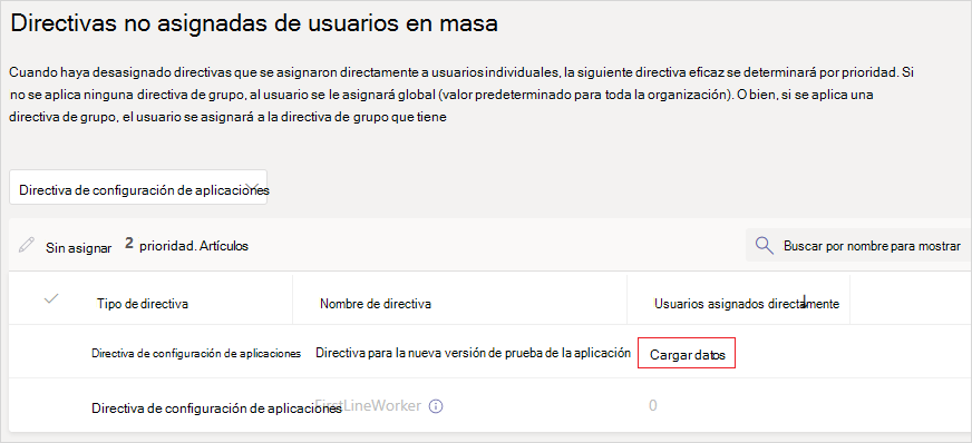 Captura de pantalla de la página de directivas de desasignar en masa con la opción de datos de carga.