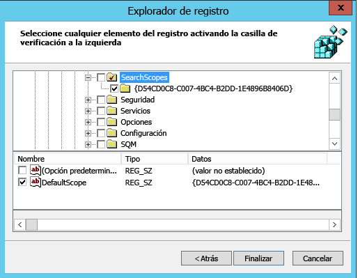 Explorador del Registro con DefaultScope seleccionado.
