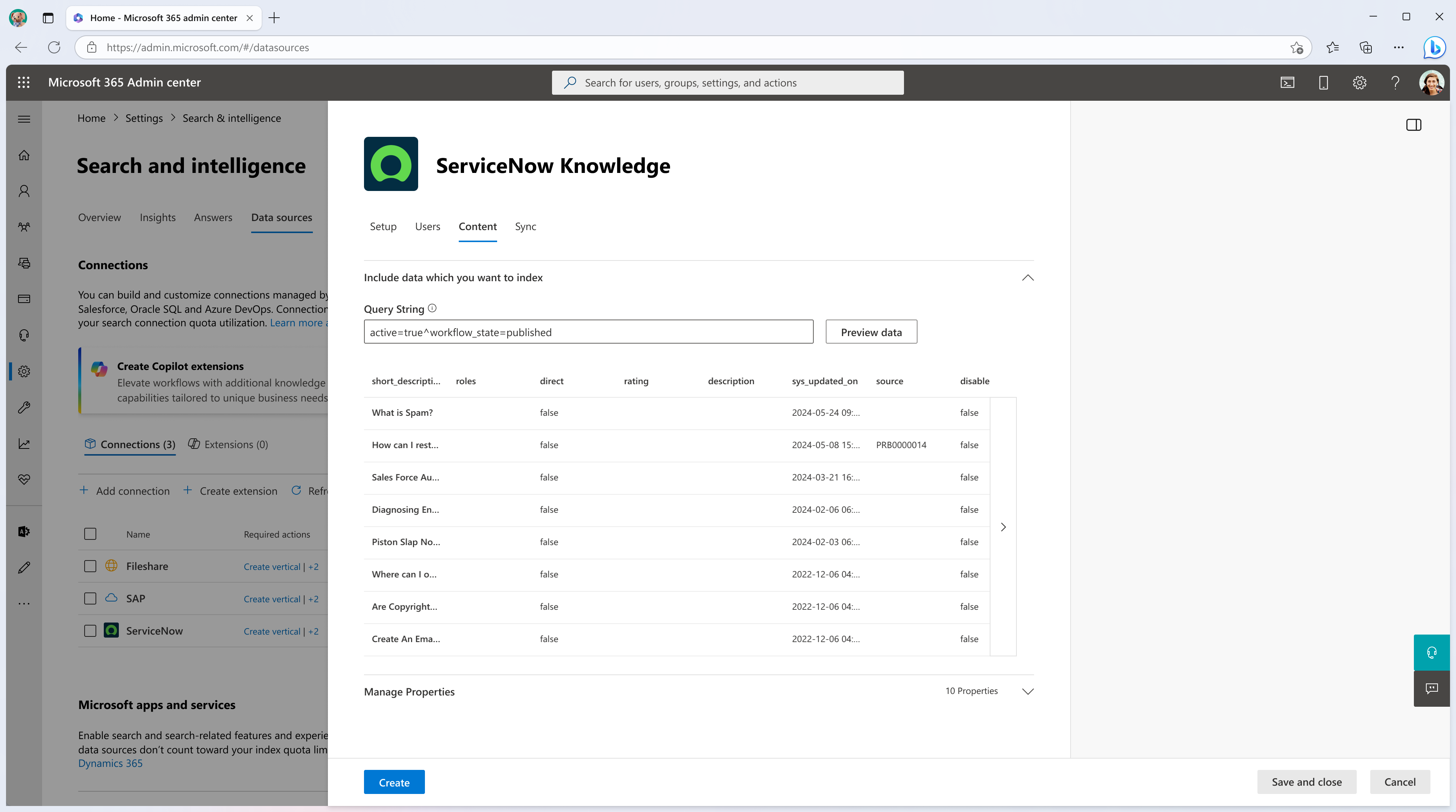 Captura de pantalla en la que se muestra la opción Vista previa de datos para comprobar el filtro de consulta y las propiedades que ha configurado