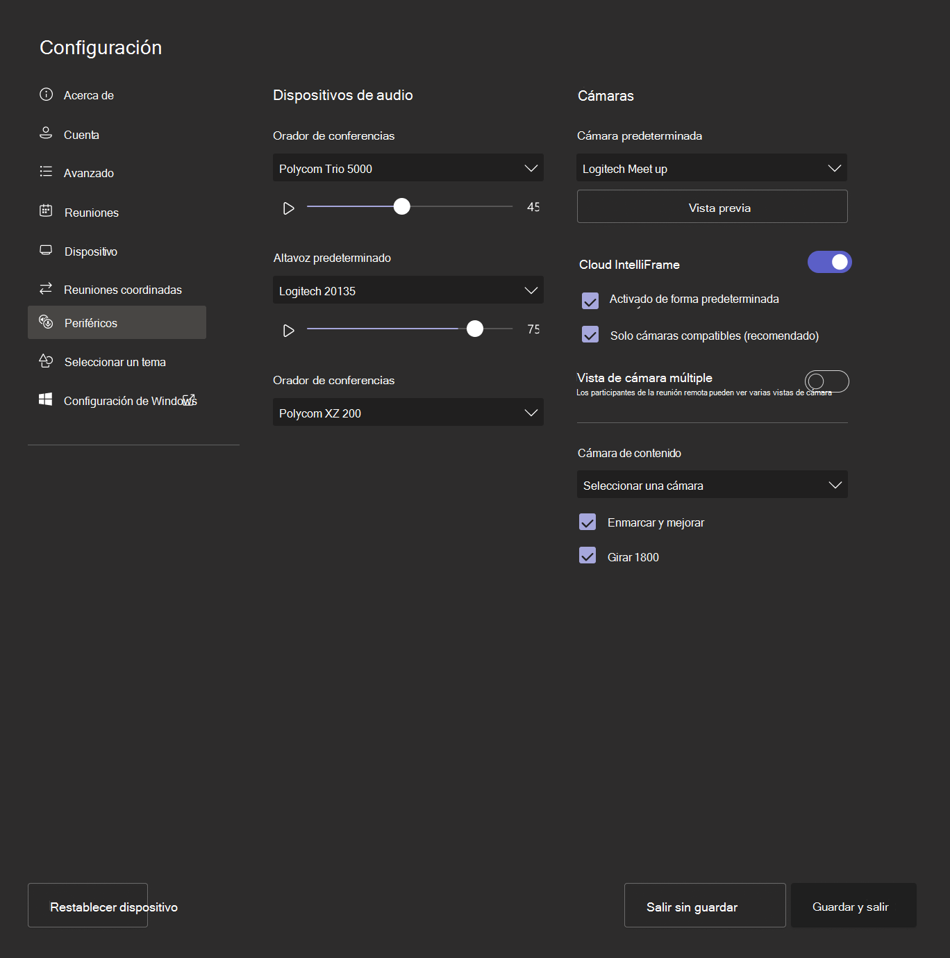 Configuración de la consola: IntelliFrame en la nube está activado para este salón con la cámara compatible.