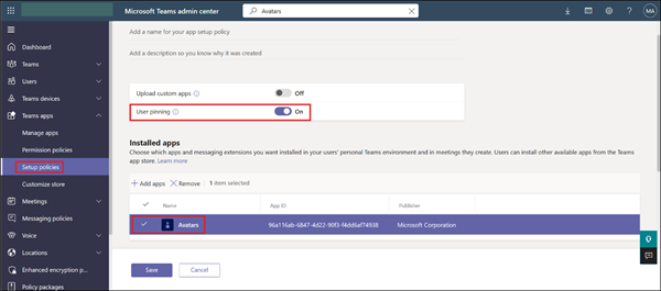 Directiva de configuración que muestra el botón de alternancia de anclaje del usuario establecido en Activado y la aplicación avatar instalada.