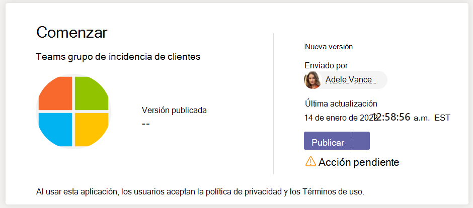 Botón Publicar en la página de detalles de la aplicación.