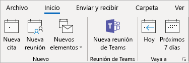 Captura de pantalla del complemento reunión de Teams en la cinta de Outlook.