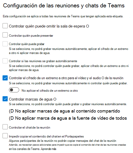 Captura de pantalla de la configuración de la etiqueta de confidencialidad de la reunión que muestra la configuración en este procedimiento.