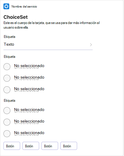 En el ejemplo se muestra una tarjeta de conjunto de opciones de tarjeta adaptable en dispositivos móviles.