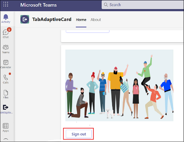Captura de pantalla de TabAdaptiveCard con la opción Cerrar sesión resaltada en rojo.