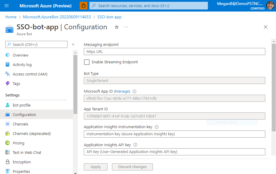 Captura de pantalla que muestra la configuración de OAUth para la aplicación de bot.