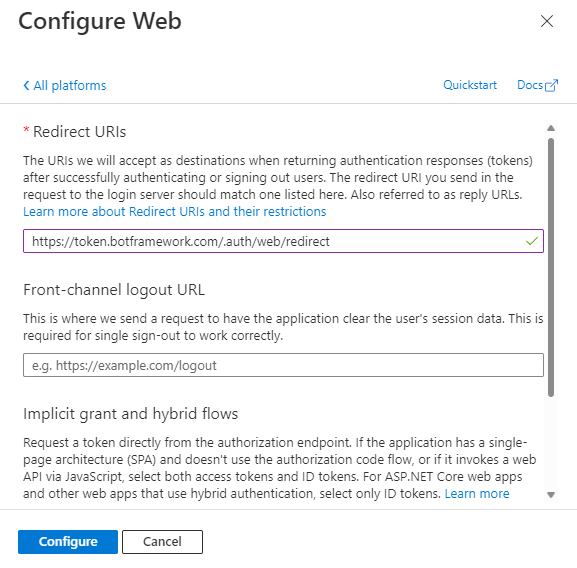 Captura de pantalla que muestra la página Configurar web para proporcionar entradas.