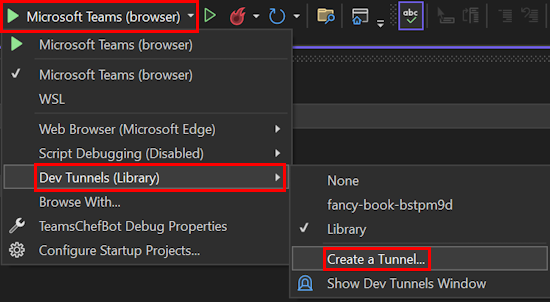 Captura de pantalla que muestra un ejemplo de la opción Túnel de desarrollo y Crear un túnel en Visual Studio.