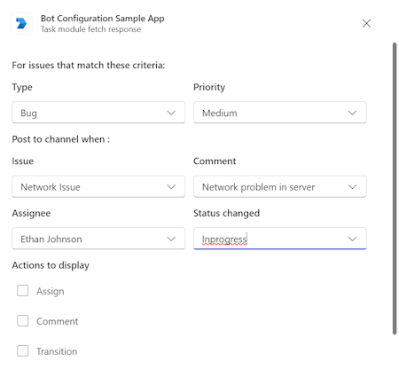 Captura de pantalla de las opciones de configuración de la aplicación de ejemplo de configuración de bots.