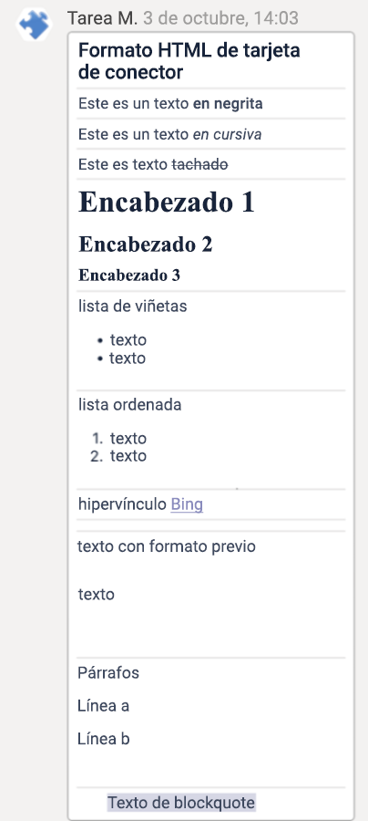 Captura de pantalla que muestra el formato de Markdown para las tarjetas del conector en el cliente iOS de Teams.