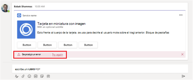 Captura de pantalla que muestra un mensaje de error en una tarjeta adaptable.